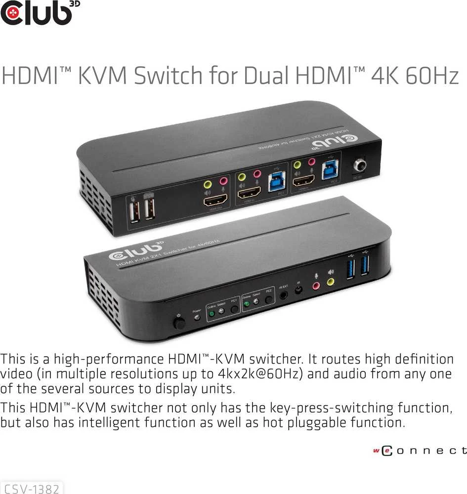 Club 3D Club3D tinklo jungiklis – jungiklis, HDMI KVM jungiklis – dvigubas HDMI 4K 60Hz