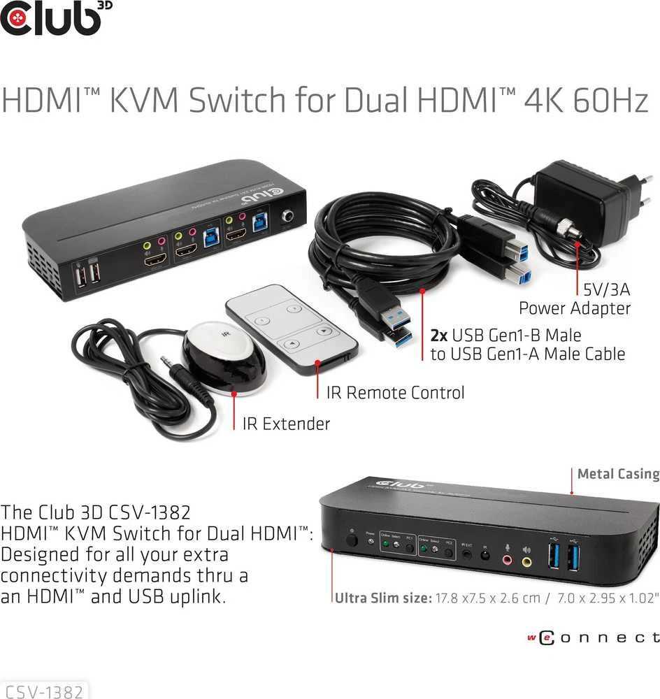 Club 3D Club3D tinklo jungiklis – jungiklis, HDMI KVM jungiklis – dvigubas HDMI 4K 60Hz