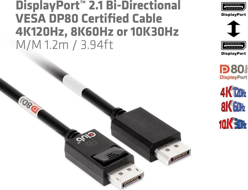 Club 3D Club3D Kabelis DisplayPort 2.1 na DisplayPort 2.1 4K120Hz/8K60Hz HDR (M/M), 1.2m, juoda