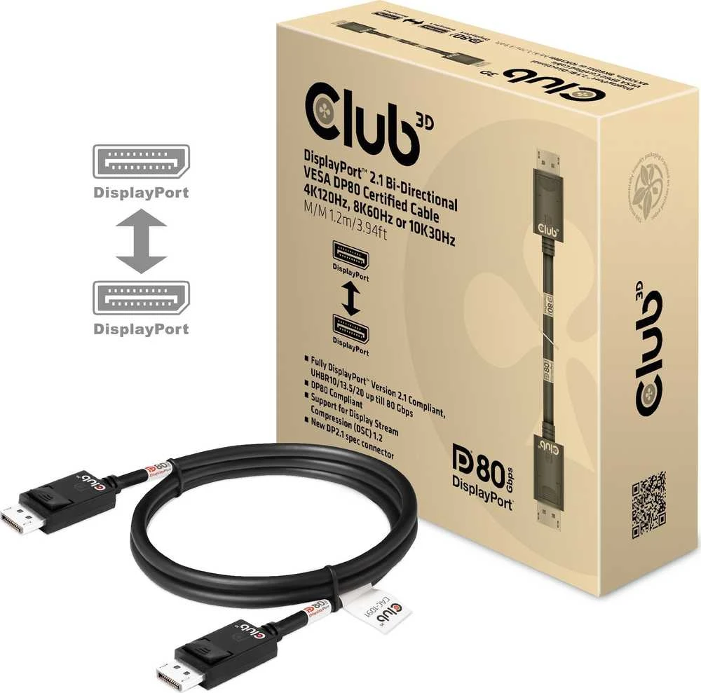 Club 3D Club3D Kabelis DisplayPort 2.1 na DisplayPort 2.1 4K120Hz/8K60Hz HDR (M/M), 1.2m, juoda