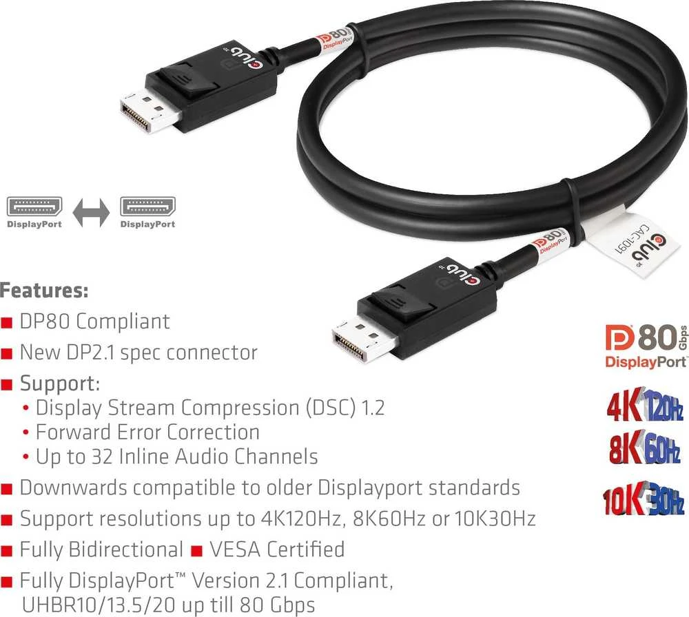 Club 3D Club3D Kabelis DisplayPort 2.1 na DisplayPort 2.1 4K120Hz/8K60Hz HDR (M/M), 1.2m, juoda