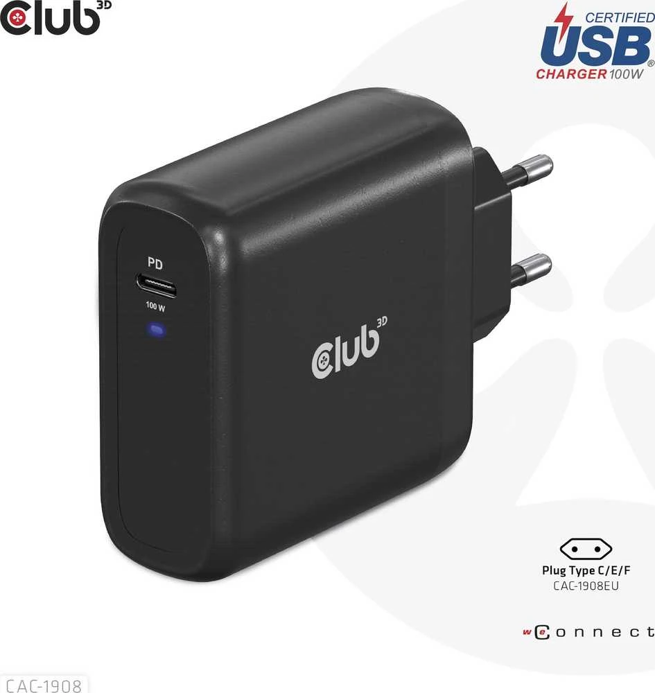 Įkroviklis Club 3D CAC-1908EU travel GaN 1x USB-C 100W