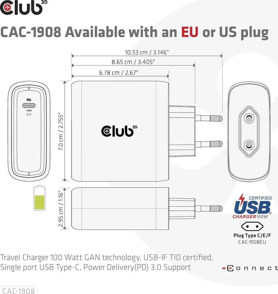 Įkroviklis Club 3D CAC-1908EU travel GaN 1x USB-C 100W