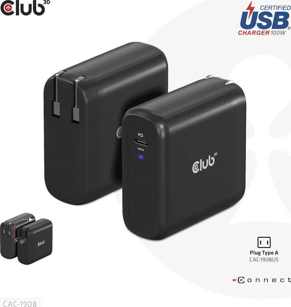 Įkroviklis Club 3D CAC-1908EU travel GaN 1x USB-C 100W