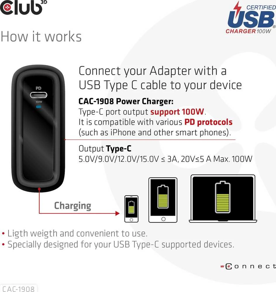 Įkroviklis Club 3D CAC-1908EU travel GaN 1x USB-C 100W