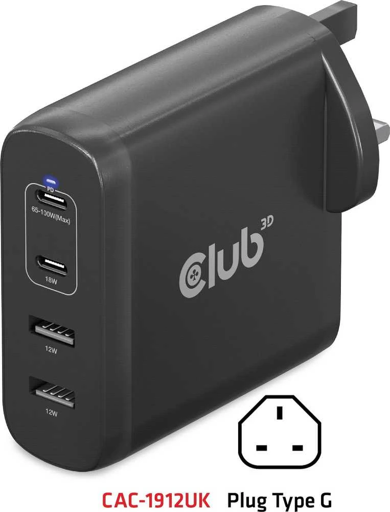 Club 3D Club3D kelioninis įkroviklis 100W GAN technologija, 2xUSB-A ir 2xUSB-C, PD 3.0 palaikymas