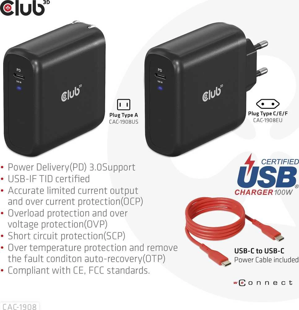 Įkroviklis Club 3D CAC-1908EU travel GaN 1x USB-C 100W