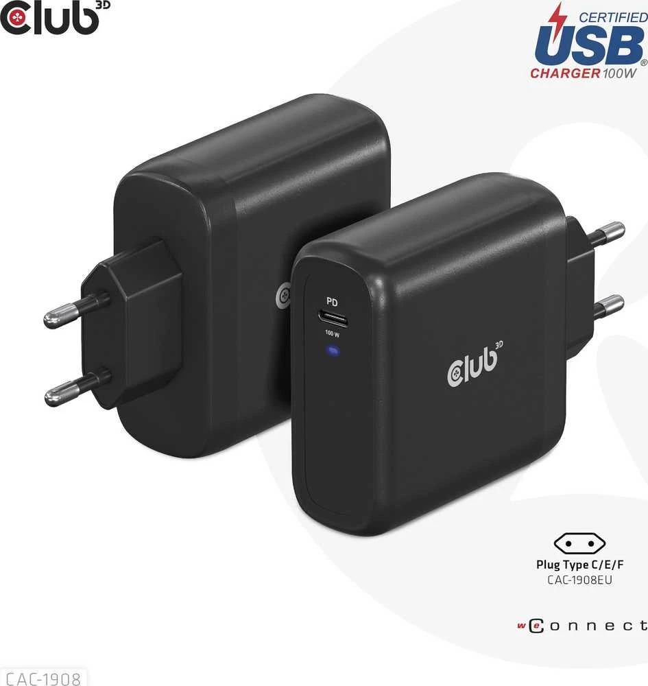 Įkroviklis Club 3D CAC-1908EU travel GaN 1x USB-C 100W