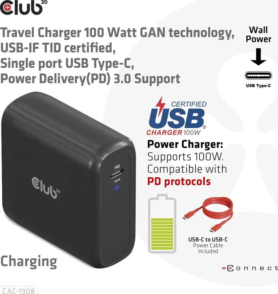 Įkroviklis Club 3D CAC-1908EU travel GaN 1x USB-C 100W