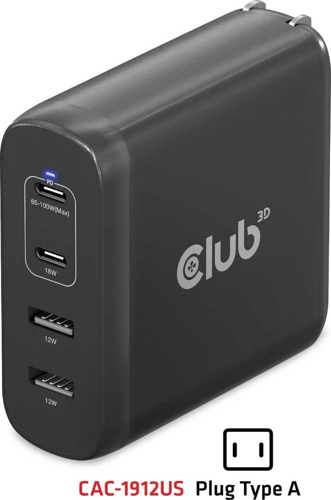 Club 3D Club3D kelioninis įkroviklis 100W GAN technologija, 2xUSB-A ir 2xUSB-C, PD 3.0 palaikymas