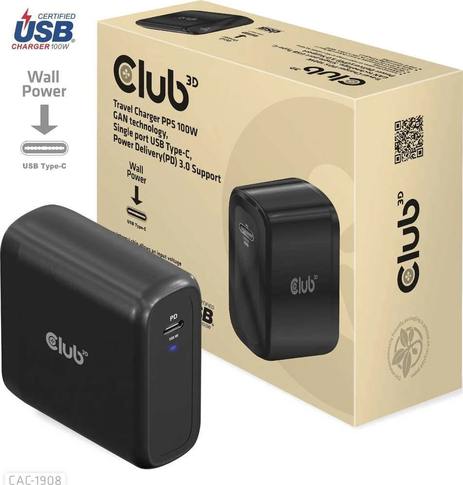 Įkroviklis Club 3D CAC-1908EU travel GaN 1x USB-C 100W