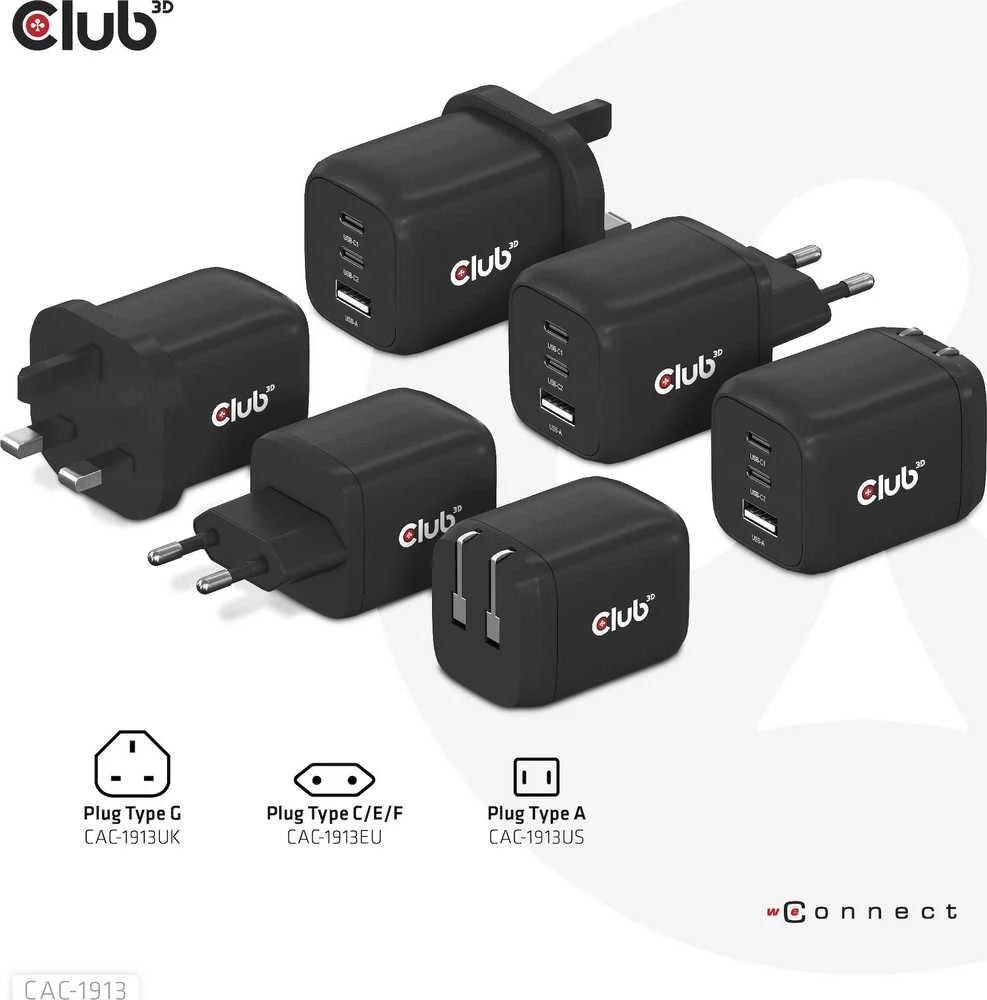 Club 3D Club3D kelioninis įkroviklis 65W GAN technologija, 3 prievadai (2xUSB-C + USB-A), PPS, Power Delivery (PD) 3.0 palaikymas
