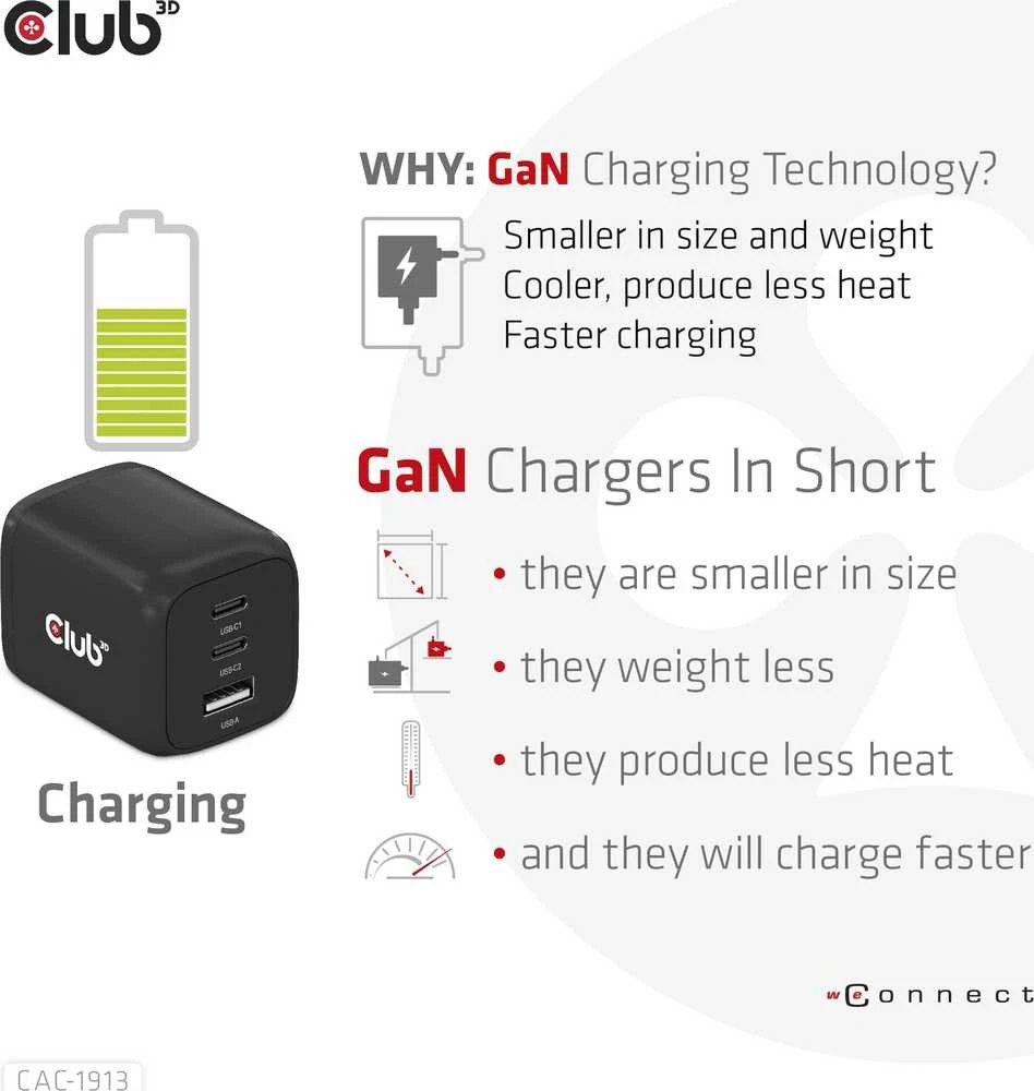 Club 3D Club3D kelioninis įkroviklis 65W GAN technologija, 3 prievadai (2xUSB-C + USB-A), PPS, Power Delivery (PD) 3.0 palaikymas