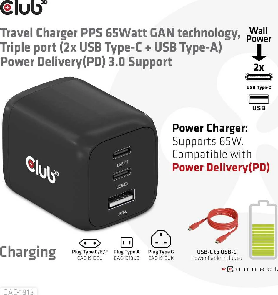 Club 3D Club3D kelioninis įkroviklis 65W GAN technologija, 3 prievadai (2xUSB-C + USB-A), PPS, Power Delivery (PD) 3.0 palaikymas