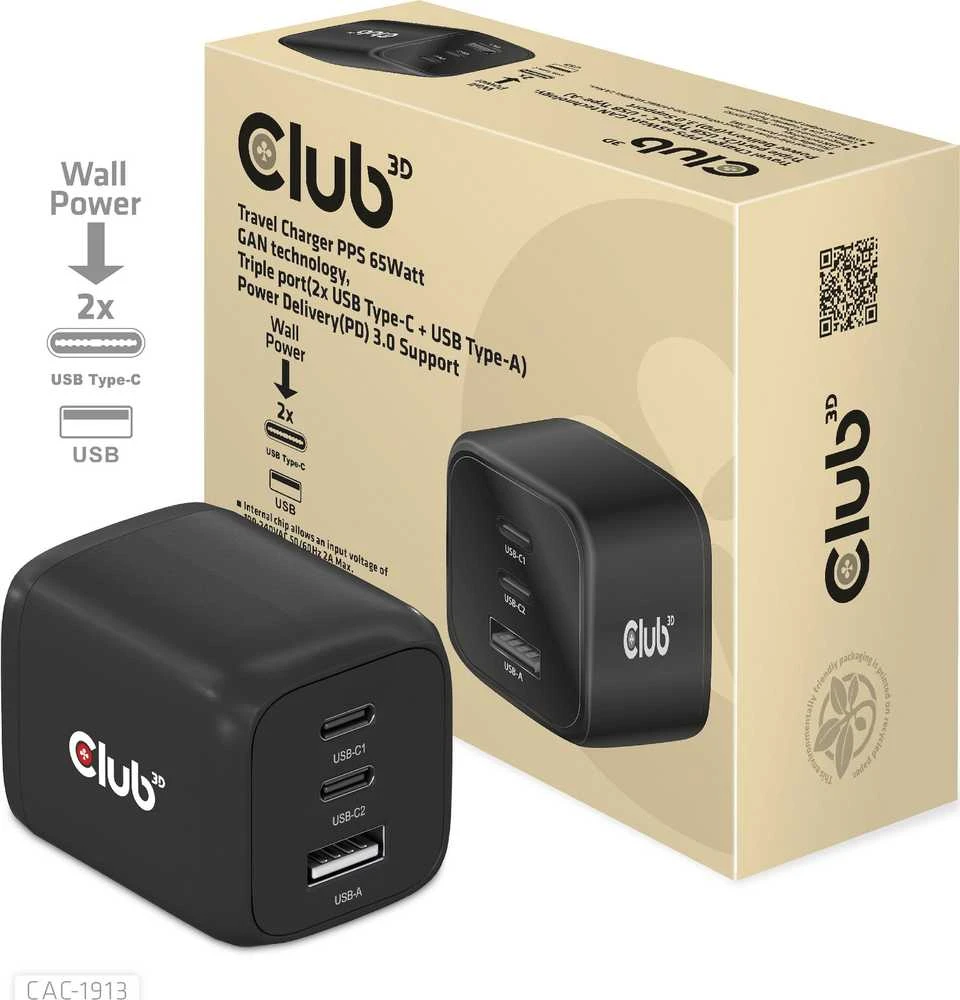 Club 3D Club3D kelioninis įkroviklis 65W GAN technologija, 3 prievadai (2xUSB-C + USB-A), PPS, Power Delivery (PD) 3.0 palaikymas