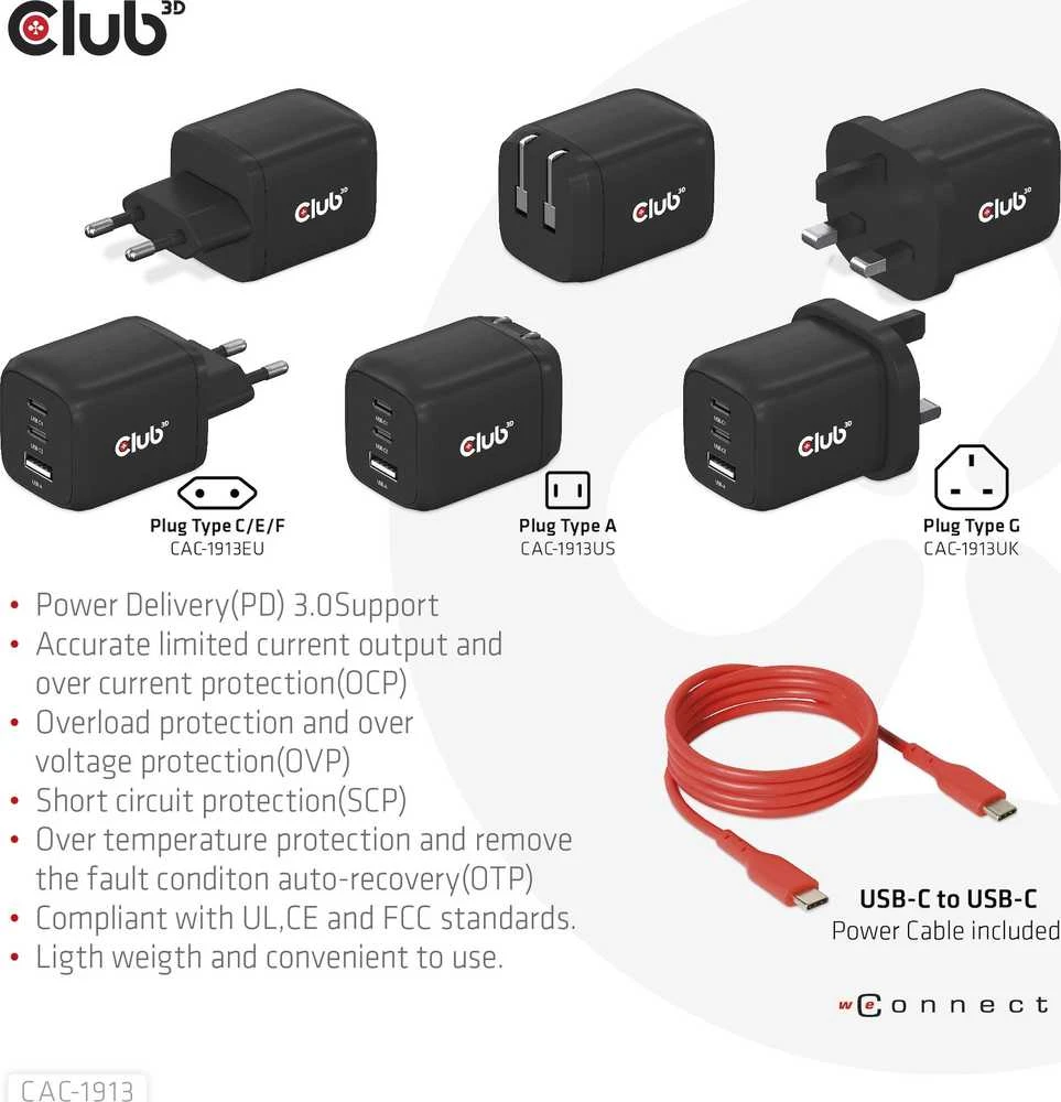 Club 3D Club3D kelioninis įkroviklis 65W GAN technologija, 3 prievadai (2xUSB-C + USB-A), PPS, Power Delivery (PD) 3.0 palaikymas