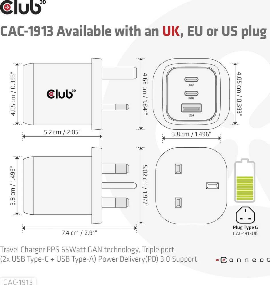 Club 3D Club3D kelioninis įkroviklis 65W GAN technologija, 3 prievadai (2xUSB-C + USB-A), PPS, Power Delivery (PD) 3.0 palaikymas