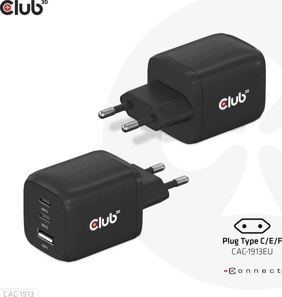 Club 3D Club3D kelioninis įkroviklis 65W GAN technologija, 3 prievadai (2xUSB-C + USB-A), PPS, Power Delivery (PD) 3.0 palaikymas