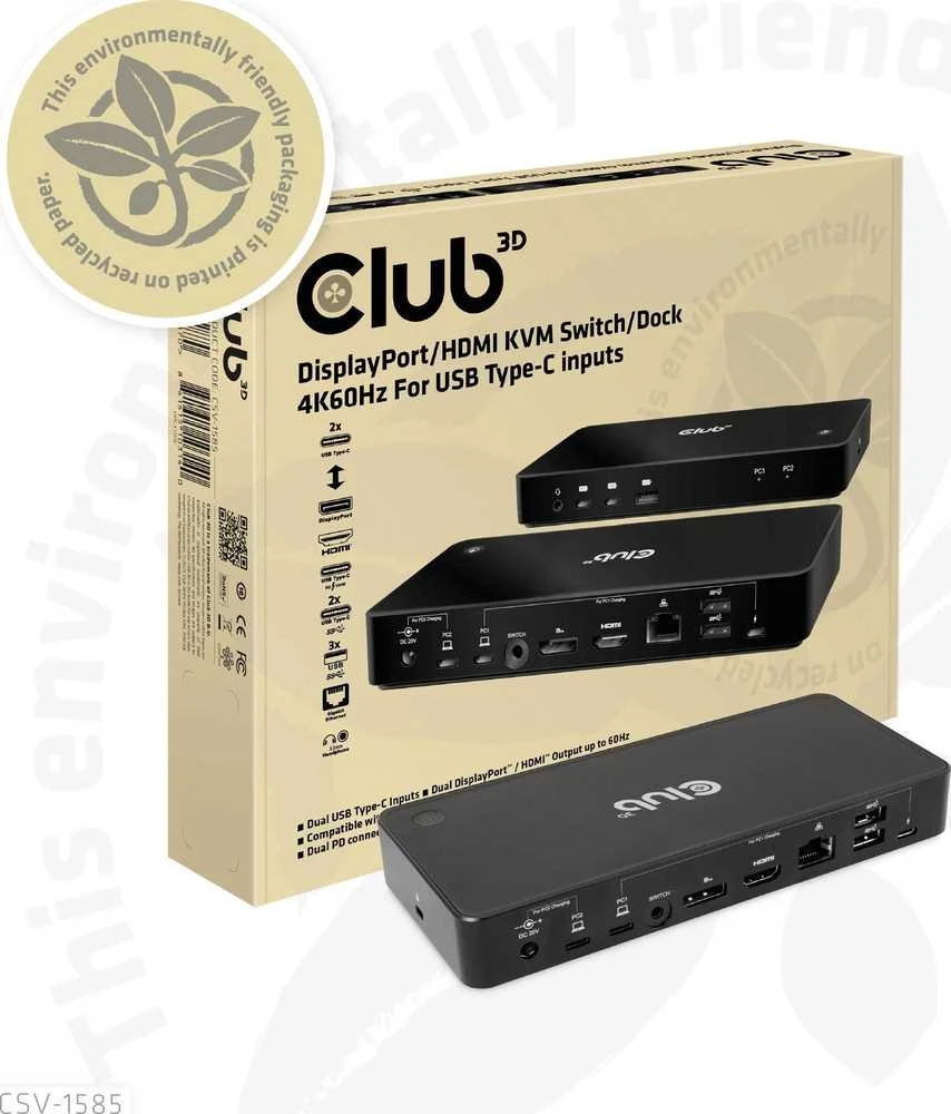 Club 3D Club3D KVM jungiklis 4K60Hz 2x USB-C> HDMI/DP/3xUSB/2xUSB-C/LAN mažmeninė prekyba