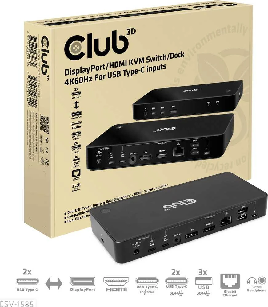 Club 3D Club3D KVM jungiklis 4K60Hz 2x USB-C> HDMI/DP/3xUSB/2xUSB-C/LAN mažmeninė prekyba