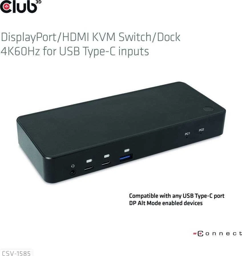 Club 3D Club3D KVM jungiklis 4K60Hz 2x USB-C> HDMI/DP/3xUSB/2xUSB-C/LAN mažmeninė prekyba