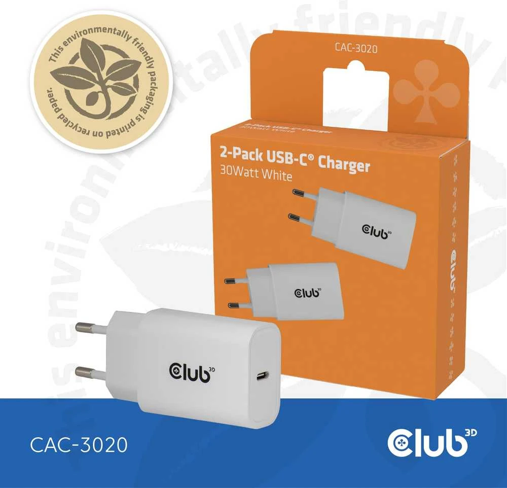 Įkroviklis Club 3D Club3D Lifestyle Ladegerät USB-C 30Watt, 2Stk baltas retail