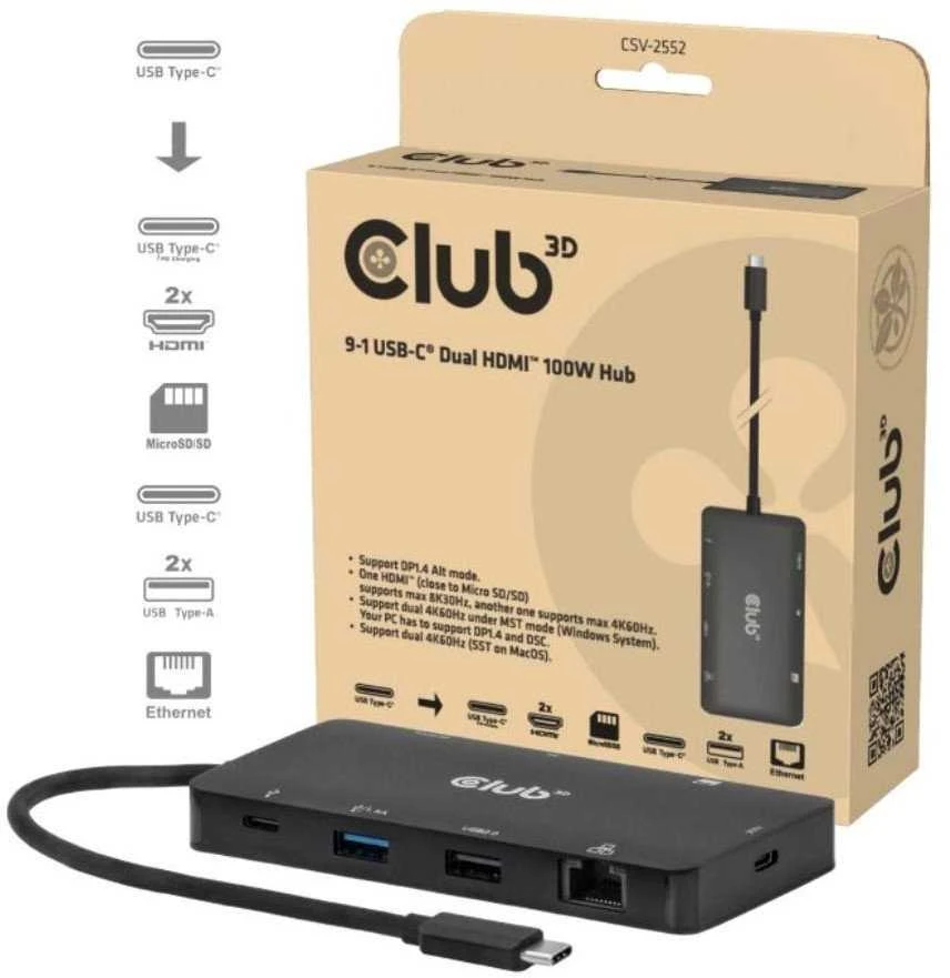 Club 3D „Club3D“ USB-C 9in1 šakotuvas > 2xHDMI/2xUSB/USB-C/LAN 4K60Hz PD100W mažmeninė prekyba