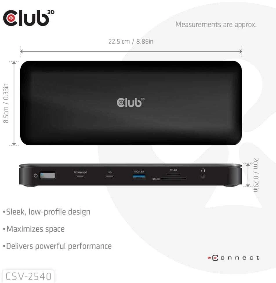 Club 3D 14v1 krovimo stotelė su techniniais matmenimis