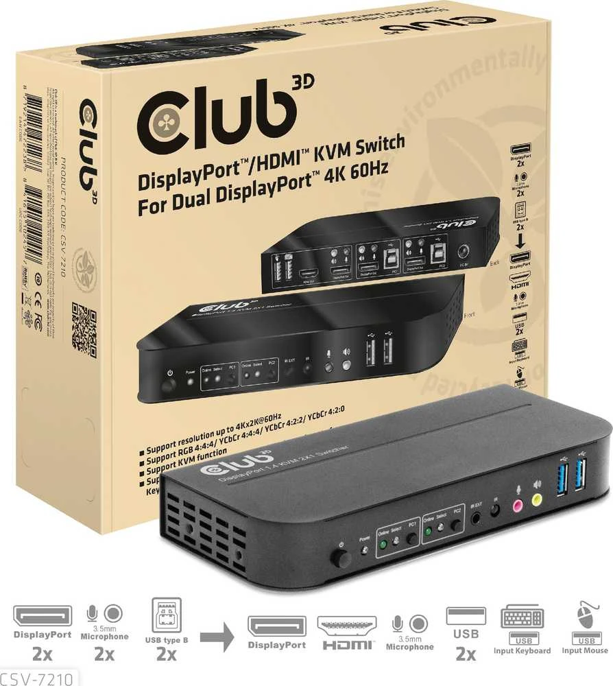 Club 3D Club3D tinklo jungiklis – jungiklis, DP/HDMI KVM jungiklis – dvigubas DP 4K 60Hz