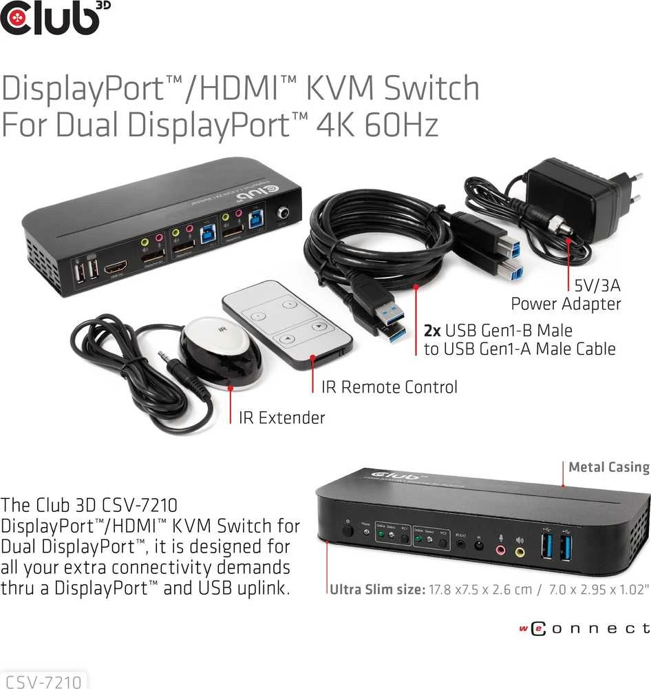 Club 3D Club3D tinklo jungiklis – jungiklis, DP/HDMI KVM jungiklis – dvigubas DP 4K 60Hz