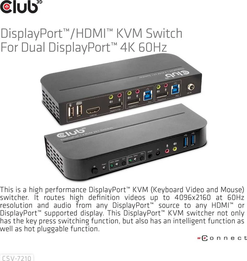 Club 3D Club3D tinklo jungiklis – jungiklis, DP/HDMI KVM jungiklis – dvigubas DP 4K 60Hz