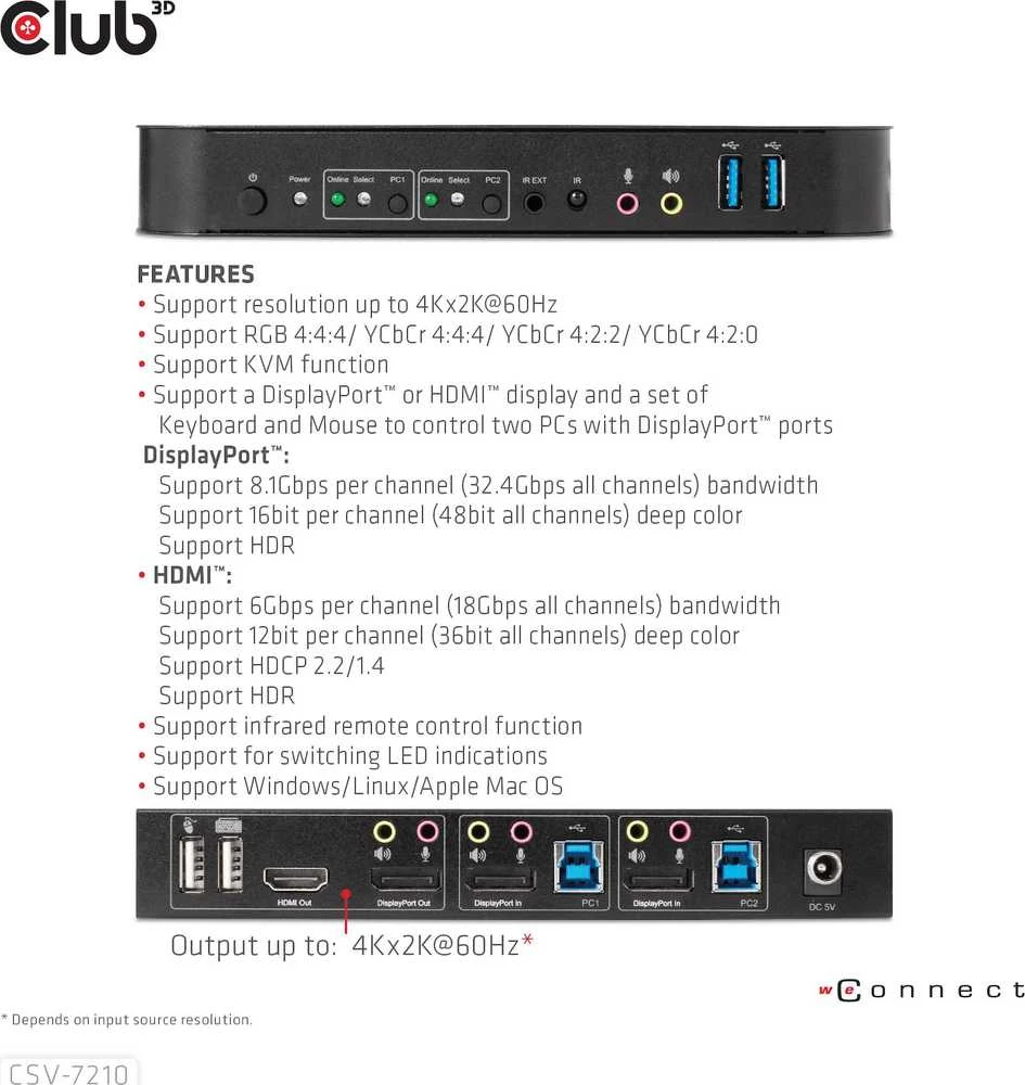 Club 3D Club3D tinklo jungiklis – jungiklis, DP/HDMI KVM jungiklis – dvigubas DP 4K 60Hz