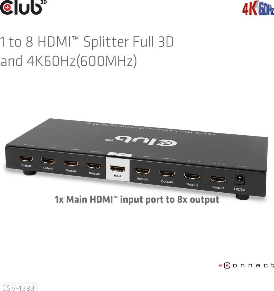 Club 3D Club3D vaizdo skirstytuvas 1:8 HDMI 2.0 4K60Hz UHD (600Mhz), 8 prievadai