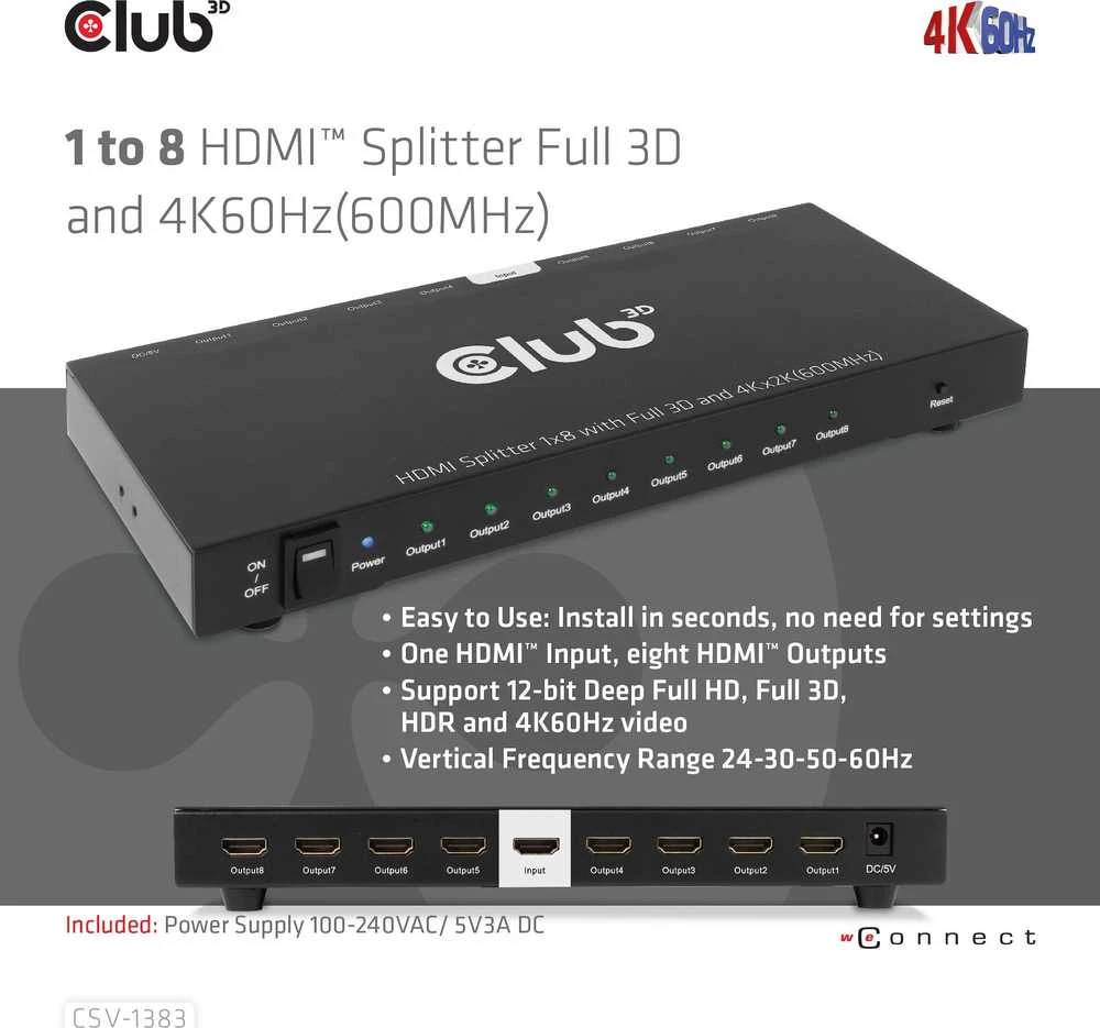 Club 3D Club3D vaizdo skirstytuvas 1:8 HDMI 2.0 4K60Hz UHD (600Mhz), 8 prievadai