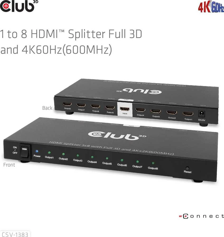 Club 3D Club3D vaizdo skirstytuvas 1:8 HDMI 2.0 4K60Hz UHD (600Mhz), 8 prievadai