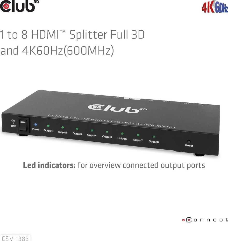 Club 3D Club3D vaizdo skirstytuvas 1:8 HDMI 2.0 4K60Hz UHD (600Mhz), 8 prievadai