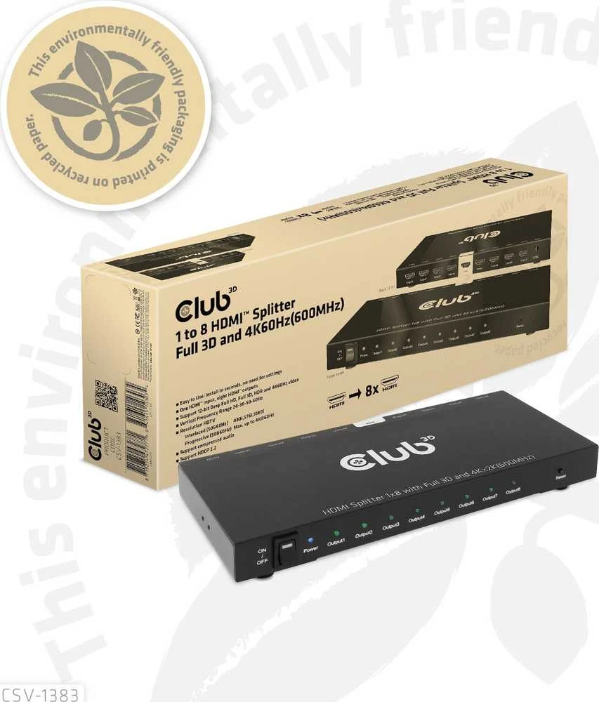 Club 3D Club3D vaizdo skirstytuvas 1:8 HDMI 2.0 4K60Hz UHD (600Mhz), 8 prievadai