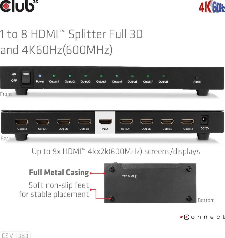 Club 3D Club3D vaizdo skirstytuvas 1:8 HDMI 2.0 4K60Hz UHD (600Mhz), 8 prievadai