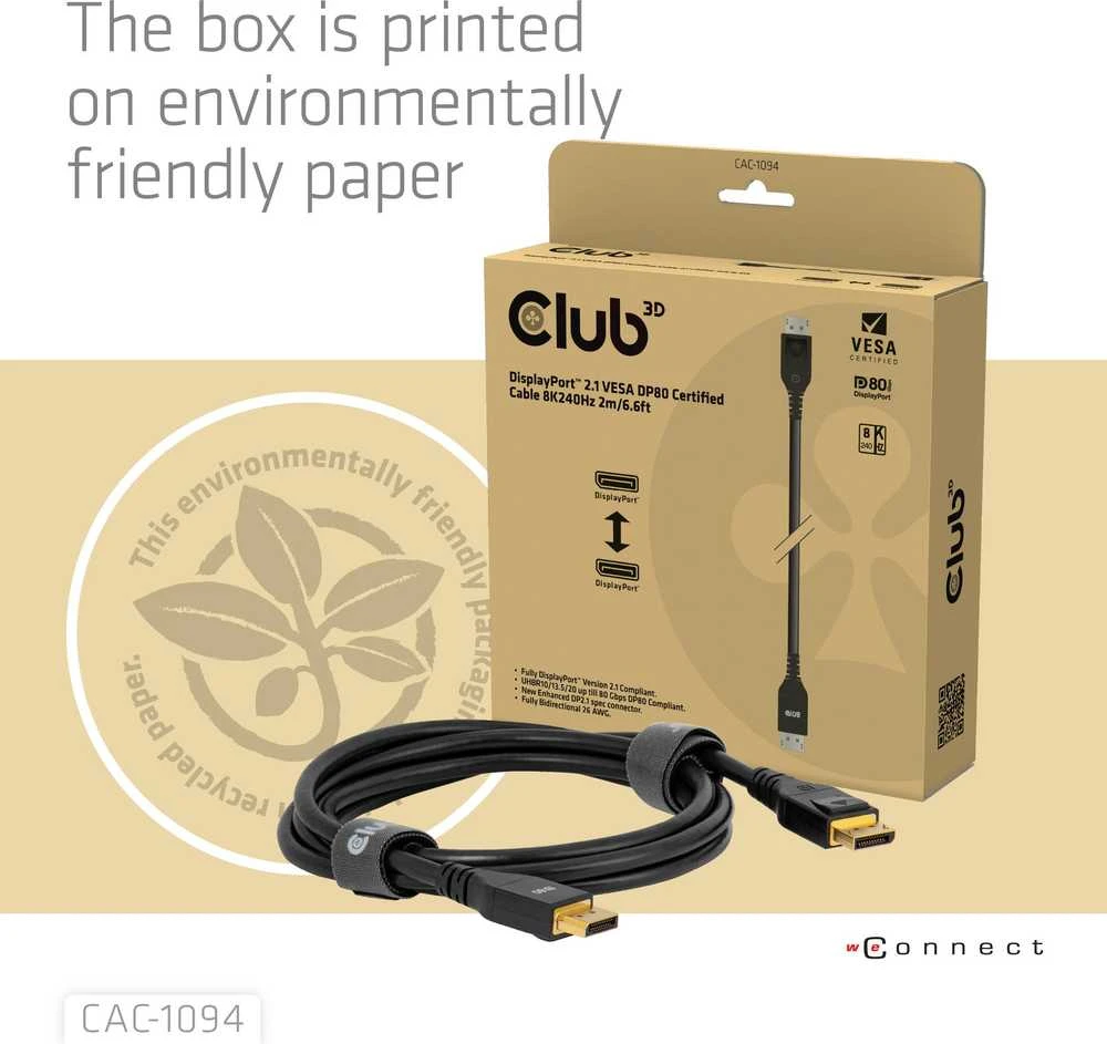 Club 3D DP kabelis 2.1 DP80 sertifikuotas 10K/8K/4K M/M mažmeninė prekyba - Kabelis (CAC-1094)