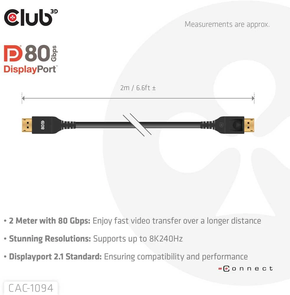 Club 3D DP kabelis 2.1 DP80 sertifikuotas 10K/8K/4K M/M mažmeninė prekyba - Kabelis (CAC-1094)