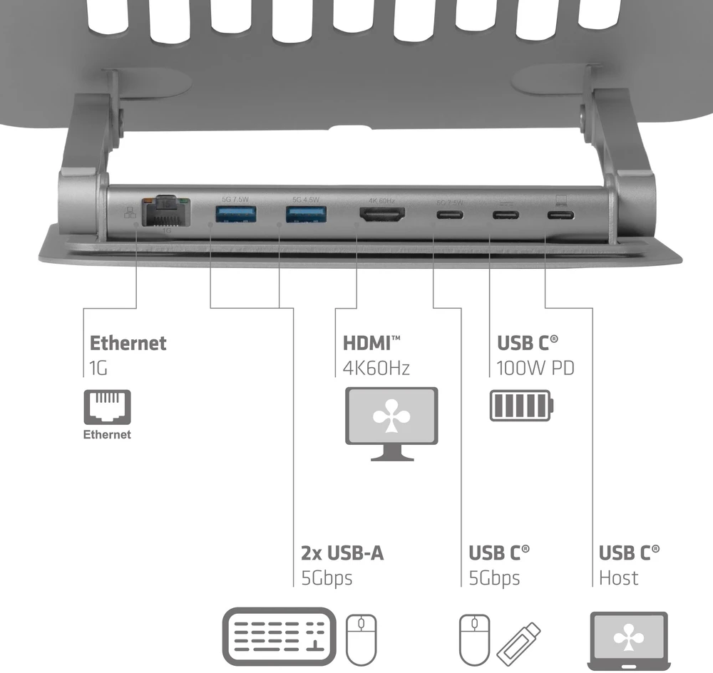 Club 3D „Club3D“ nešiojamojo kompiuterio stovas su USB-C šakotuvu, 100 W, 360°, 4K, 60 Hz