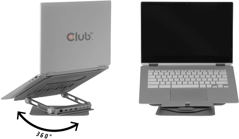 Club 3D „Club3D“ nešiojamojo kompiuterio stovas su USB-C šakotuvu, 100 W, 360°, 4K, 60 Hz