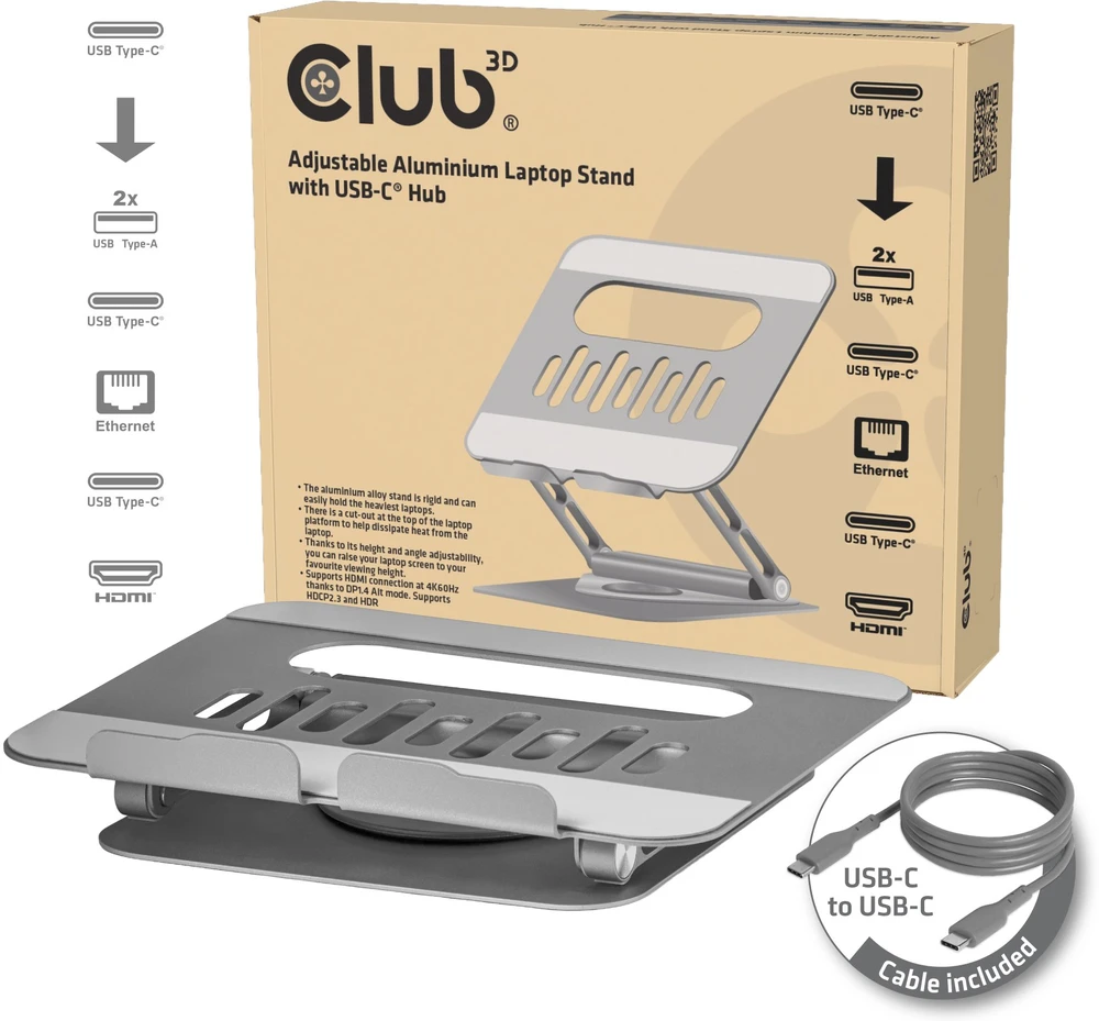 Club 3D „Club3D“ nešiojamojo kompiuterio stovas su USB-C šakotuvu, 100 W, 360°, 4K, 60 Hz