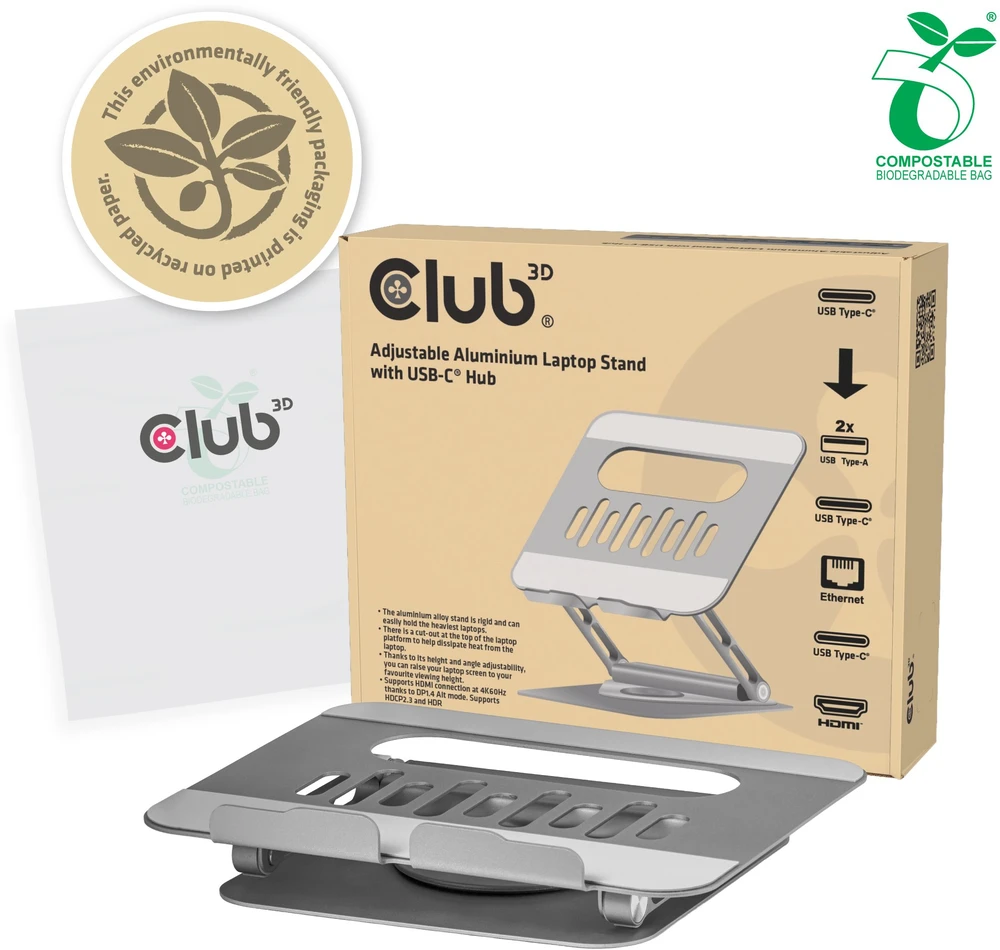Club 3D „Club3D“ nešiojamojo kompiuterio stovas su USB-C šakotuvu, 100 W, 360°, 4K, 60 Hz