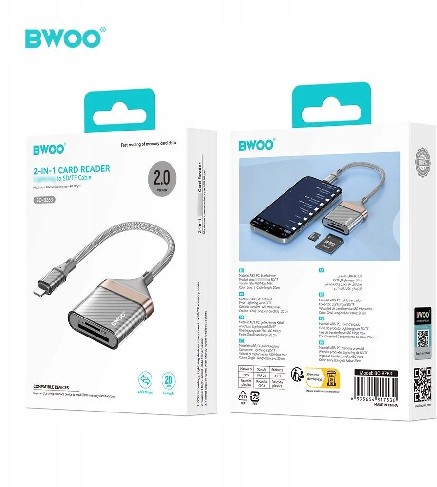 Bwoo atminties kortelių skaitytuvas „Lightning“ – SD/TF kortelėms