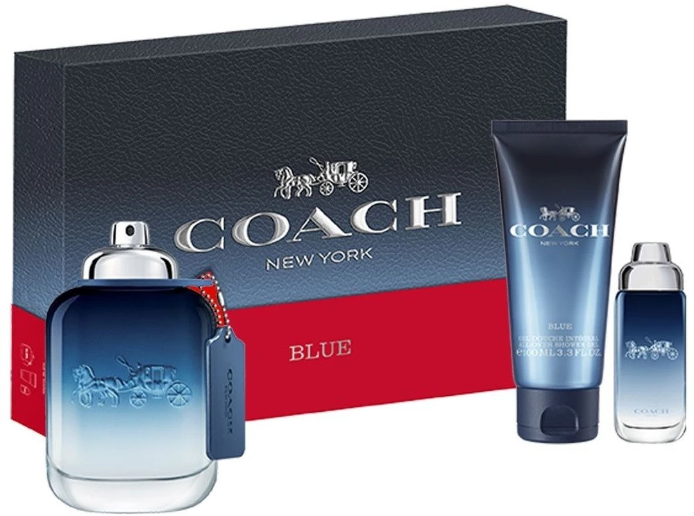 Set Coach: Mėlyna Eau De Toilette For Men, 100 ml + Mėlyna Eau De Toilette For Men, 15 ml + Mėlyna Dušo želė Beard & Hair, 100 ml