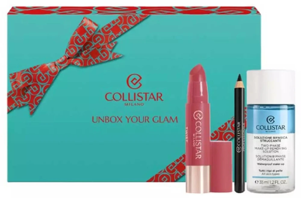 „Collistar“ rinkinys „TWIST Balmy Gloss“ – ROSE 216 + mini profesionalus akių pieštukas 0,8 g + dvifazis akių ir lūpų makiažo valiklis 35 ml