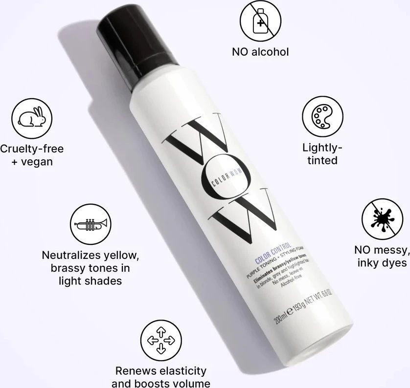 "Color Wow Styling" tonizuojančios putos šviesiems plaukams "Color Control" (violetinės tonizuojančios + modeliavimo putos) 200 ml