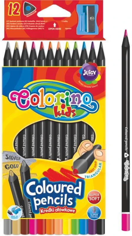 Spalvoti pieštukai, tribriauniai, Colorino Kids, 12 spalvų (auksinė, sidabrinė) juodo medžio, su drožt..