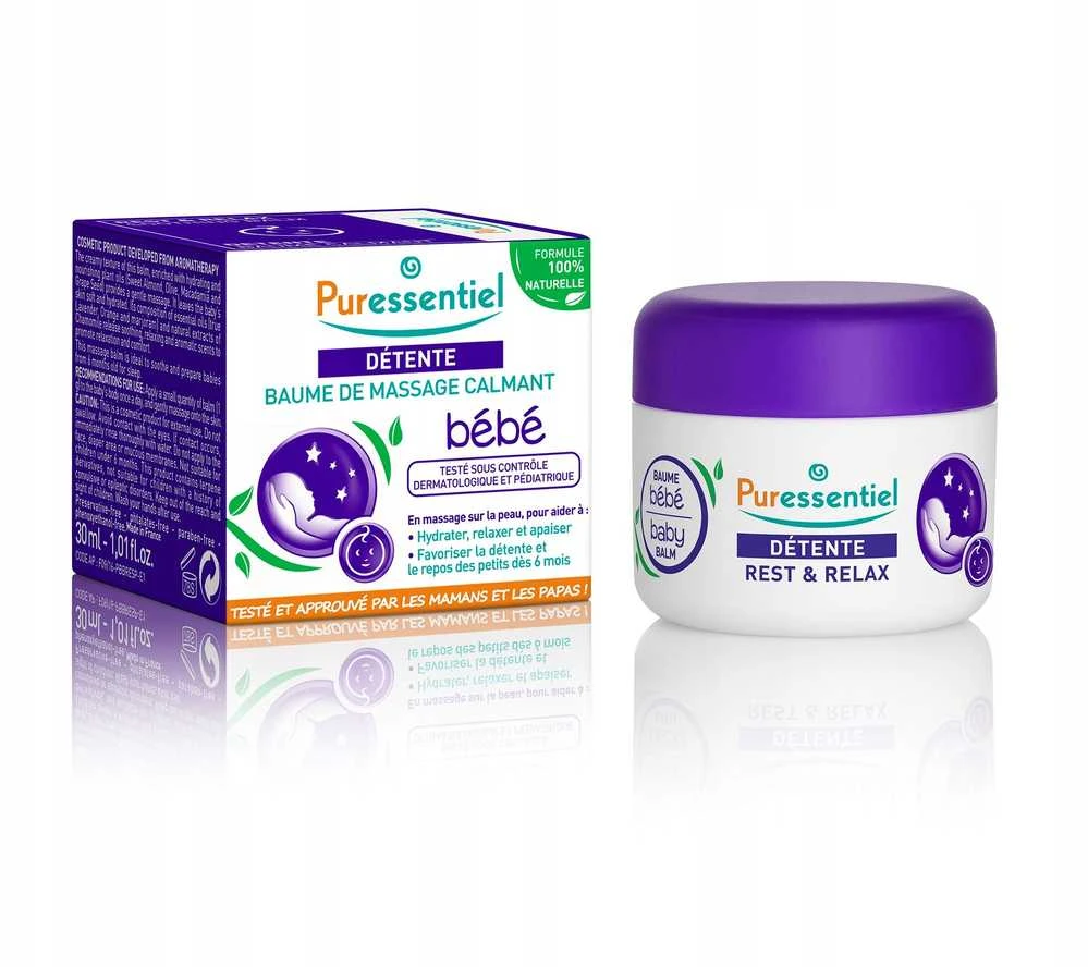 „Puressentiel Baby“ – raminamasis ir drėkinamasis kūno balzamas visam kūnui su eteriniais aliejais, 30 ml